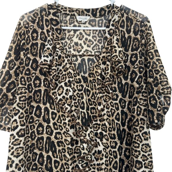 Siren Lily Strech Mesh Leopard Print Ruffled Top Blouse Women 1X Ruffle V neck - Picture 10 of 12